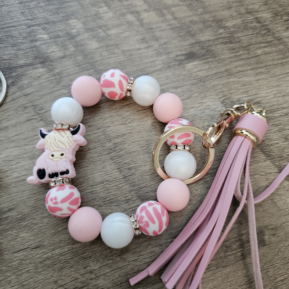 Pink Cow Charm Beaded Wristlet Keychain for Kids
